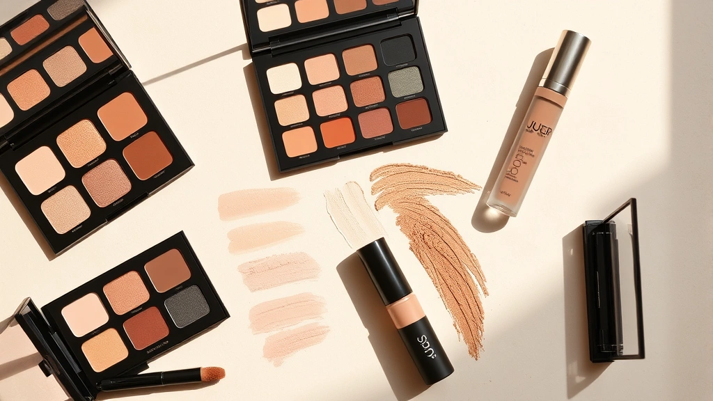 Flat lay arrangement of Jouer eyeshadow palettes and liquid highlighters with swatches on neutral background, warm natural lighting, showcasing product finishes and color variety