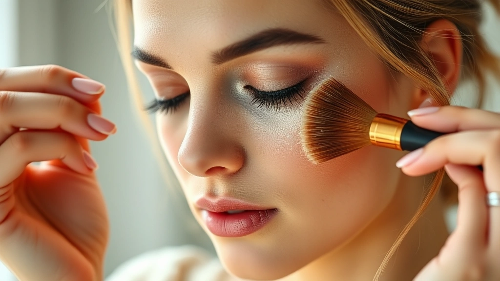 Woman applying shimmery eyeshadow with fluffy brush, focused on blending technique, soft natural light, demonstrating product blendability and texture, no product labels visible