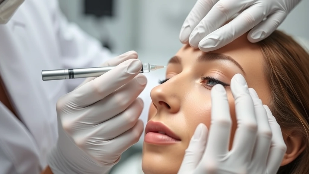 Professional dermatologist performing Botox injection on female patient's forehead in medical aesthetic clinic, close-up of precise injection technique, sterile environment with soft clinical lighting