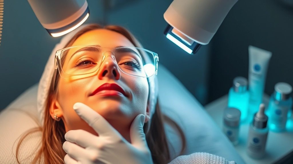 Woman receiving facial laser treatment with protective eyewear, advanced laser equipment visible, professional aesthetic setting with calming ambiance and medical-grade skincare products nearby