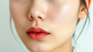 Close-up of clear, glowing Asian complexion with subtle texture, natural lighting, no acne visible, dewy skin finish, minimalist background
