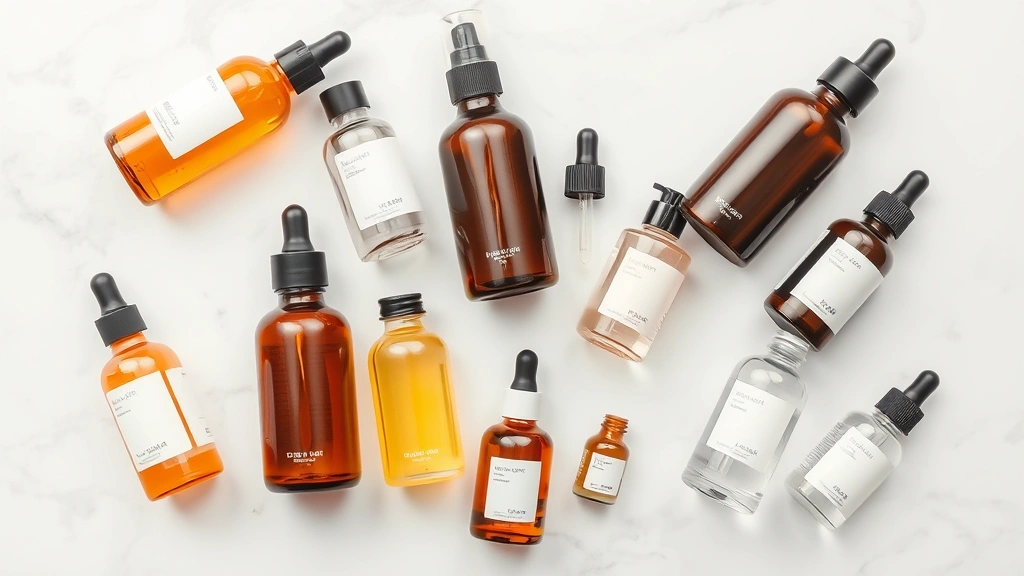 Overhead flat lay of Korean skincare bottles and essences in glass containers, various amber and clear bottles, minimalist white marble surface, fresh and clean aesthetic