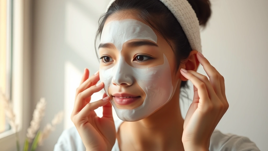 Young person applying translucent sheet mask to face, hands visible, calm expression, soft natural light from window, serene spa-like atmosphere, no text on mask