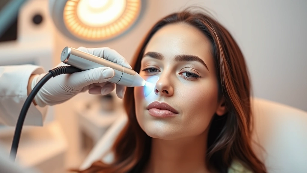 Woman receiving professional laser facial treatment in modern clinical setting, dermatologist using handheld laser device on her cheek, warm professional lighting, focused expression