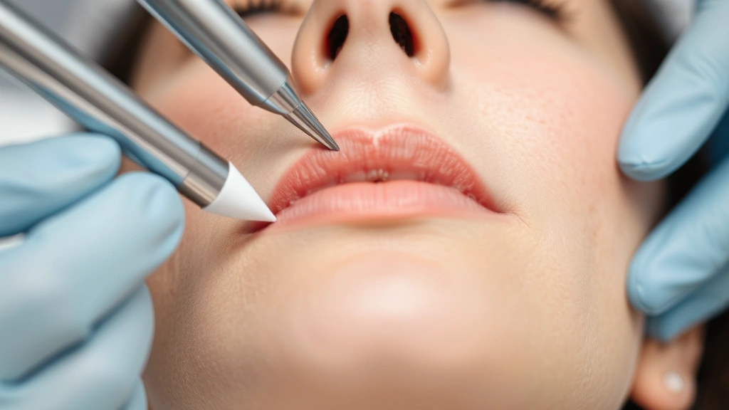 Close-up of professional microneedling treatment being performed on face, multiple fine needles visible creating micro-channels in skin, clinical environment, sterile equipment