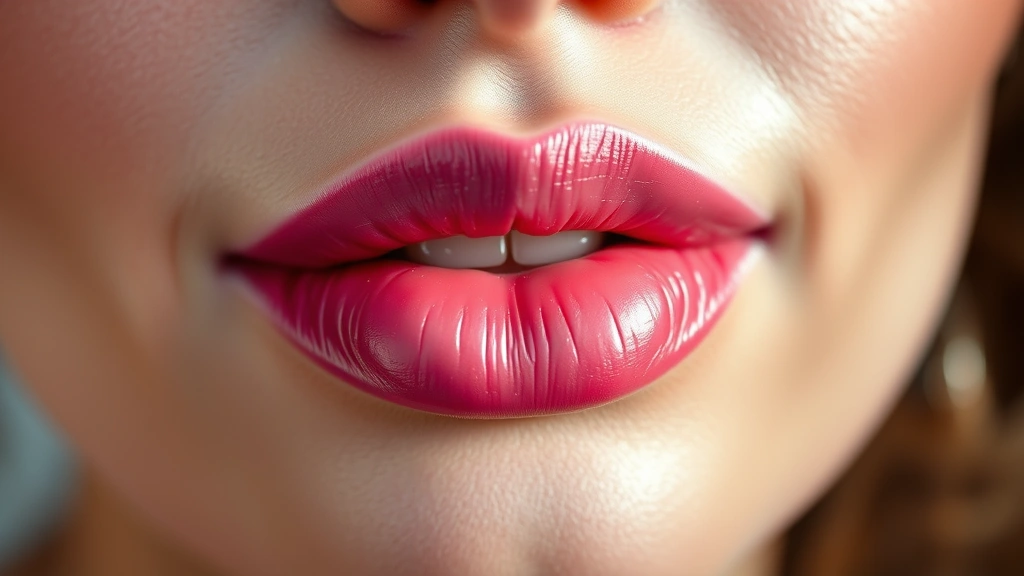 Close-up of glossy pink lip with light reflection and dewy finish, professional makeup photography with natural lighting, showing dimensional shine and color depth on full lips