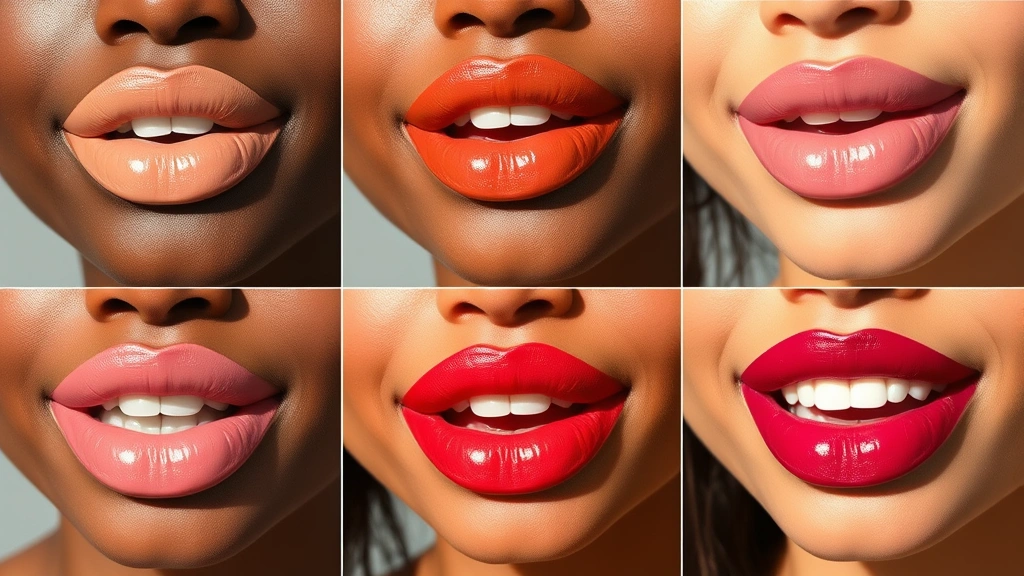 Diverse skin tones displaying various Kylie gloss shades from nude to berry, swatched on lips in natural daylight, showcasing color range and pigmentation quality across different complexions