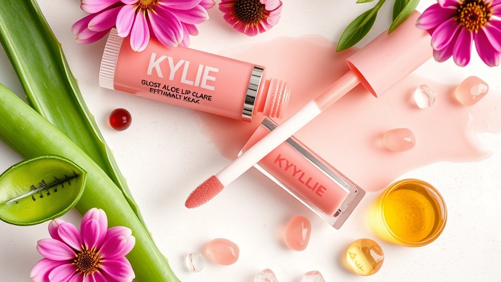 Overhead flat lay of Kylie Cosmetics gloss tube with precision applicator wand, showing product texture and consistency, surrounded by hydrating lip care ingredients like aloe and vitamin E botanical elements