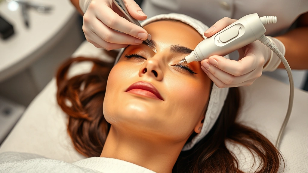 Woman receiving professional facial treatment at luxury spa, esthetician applying serum with microneedling device visible, calm spa ambiance, focus on skincare expertise and professional equipment