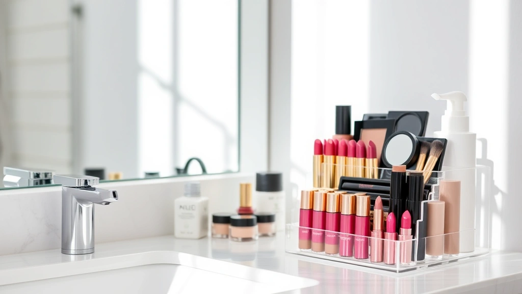 Organized bathroom vanity with clear acrylic cosmetic organizer displaying multiple lipsticks, eyeshadow palettes, and skincare bottles neatly arranged, natural daylight, minimalist aesthetic