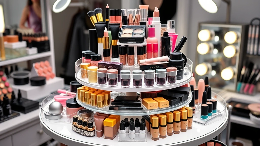 Beautiful tiered rotating cosmetic organizer carousel filled with colorful makeup products, eyeshadow palettes, and beauty tools, professional beauty studio lighting, 360-degree view