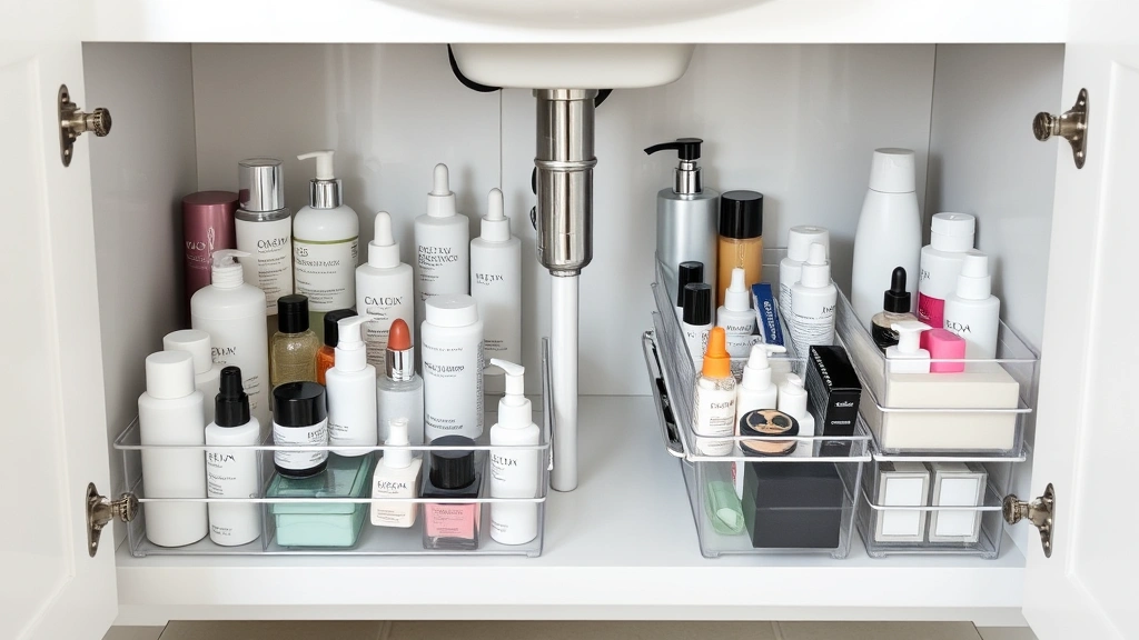 Spacious under-sink cabinet storage with expandable shelf risers and sliding organizer baskets containing various skincare bottles, makeup containers, and beauty supplies, clean organized bathroom interior