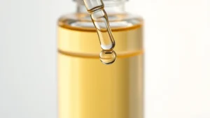 Close-up of clear glass cosmetic serum bottle with dropper, warm golden liquid visible inside, soft diffused lighting, minimalist white background, professional skincare aesthetic