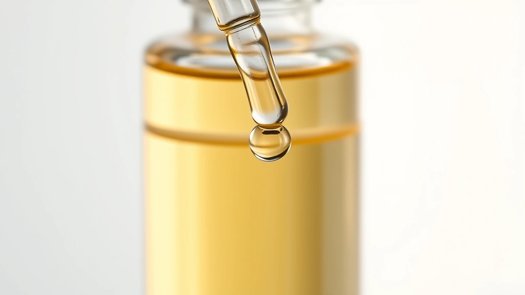 Close-up of clear glass cosmetic serum bottle with dropper, warm golden liquid visible inside, soft diffused lighting, minimalist white background, professional skincare aesthetic