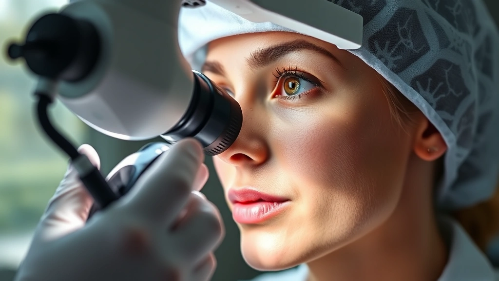 Dermatologist examining skin texture under magnification lamp, hands holding magnifying device near face, clinical professional setting, natural daylight, focused diagnostic examination