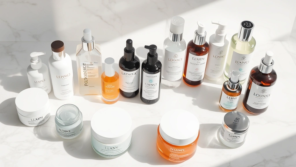 Array of premium skincare product bottles and jars arranged on white marble surface, various textures visible through transparent packaging, soft shadows, luxury beauty composition