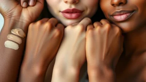 Close-up of diverse skin tones swatching warm, cool, and neutral foundation shades on wrists and jawlines, natural daylight illumination, photorealistic beauty product demonstration