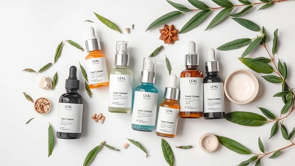 Flat lay arrangement of Leal Cosmetics skincare bottles and serums with green tea leaves and ceramic ingredients scattered around, clean minimalist composition, professional product photography lighting