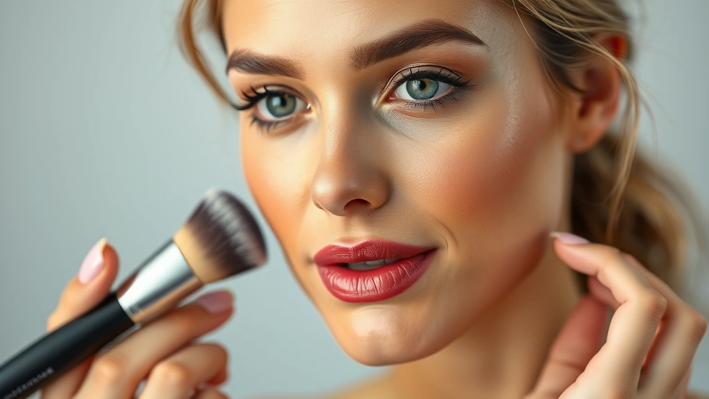 Woman with glowing dewy skin applying foundation with makeup brush, focus on seamless blending and natural finish, diverse skin tone, professional makeup application technique visible