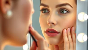 Close-up of a woman applying foundation with a professional LED cosmetic mirror beside her, warm and cool LED lights visible around mirror edges, showing clear skin detail and even illumination without shadows
