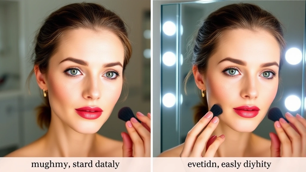Side-by-side comparison showing same face under traditional bathroom mirror (harsh shadows, uneven lighting) versus modern LED cosmetic mirror (shadowless, even daylight illumination), both showing makeup application in progress