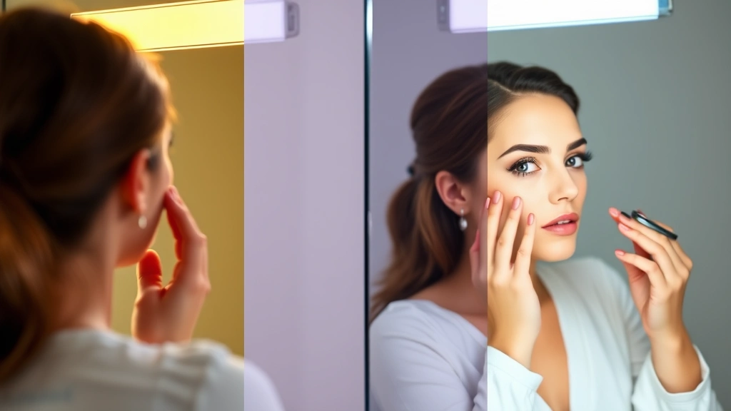 Woman examining her makeup under different LED color temperature settings displayed on mirror controls, showing warm yellow light, neutral white light, and cool daylight settings simultaneously, demonstrating color temperature adjustment capability