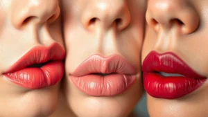 Close-up of luxury lipstick swatches on pale, medium, and deep skin tones showing rich pigment and satin finish without visible texture