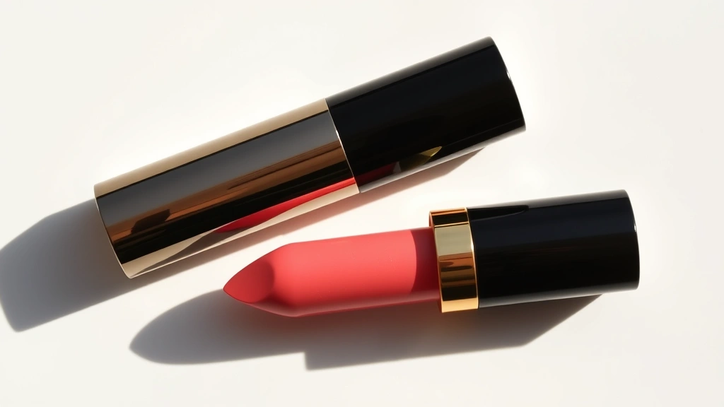 Overhead flat lay of open luxury lipstick tube displaying creamy formula texture and color intensity in natural daylight