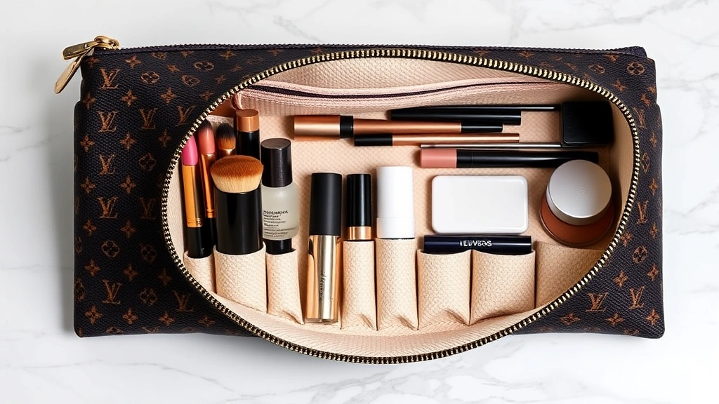 Luxury cosmetic pouch in monogram canvas with organized makeup items inside, professional lighting on white marble surface, showing interior compartments with brushes and products