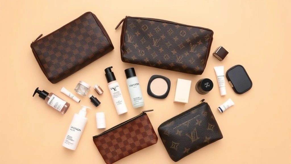 Flat lay comparison of multiple Louis Vuitton cosmetic pouches in different materials including Damier Ebène and Monogram Vernis, arranged artfully with skincare bottles and makeup compacts