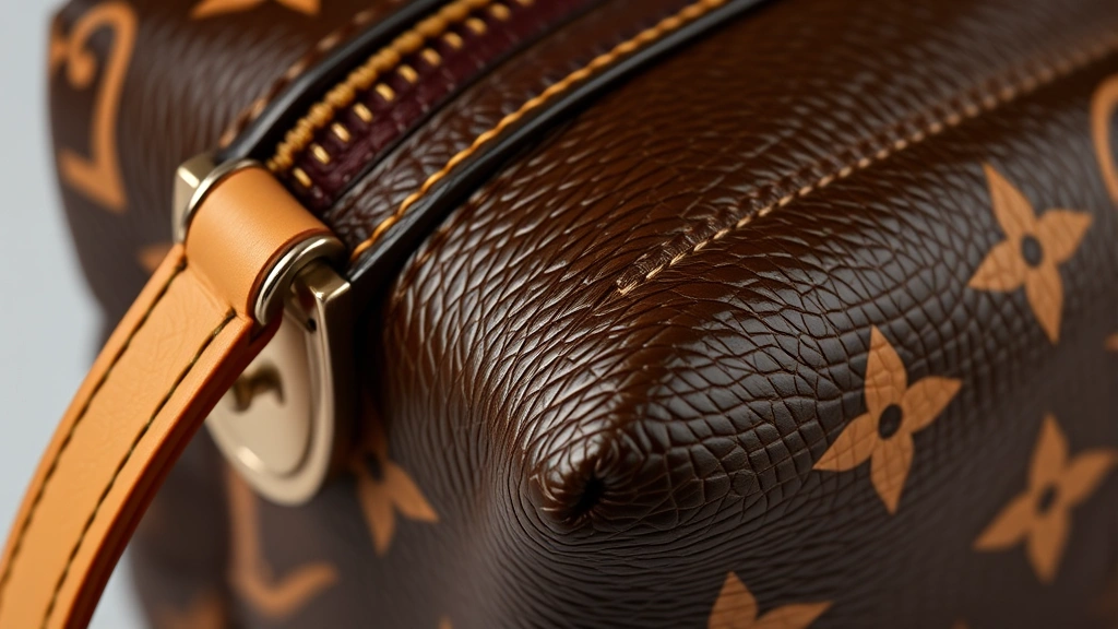 Close-up detail shot of Louis Vuitton cosmetic pouch hardware and stitching, showing quality craftsmanship with monogram pattern and zipper mechanisms, professional studio lighting