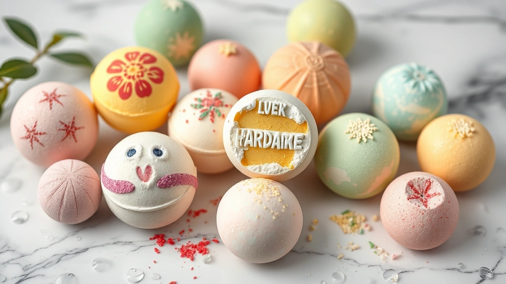 Close-up of fresh Lush bath bombs and colorful handmade cosmetics products arranged on white marble surface with water droplets, showcasing vibrant natural ingredients and artisanal craftsmanship