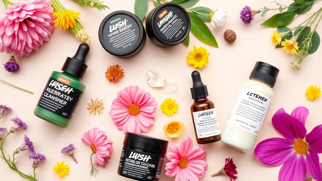 Flat lay arrangement of Lush skincare products including moisturizers, cleansers, and serums with fresh flowers and botanical elements on soft neutral background, highlighting ingredient-focused formulations