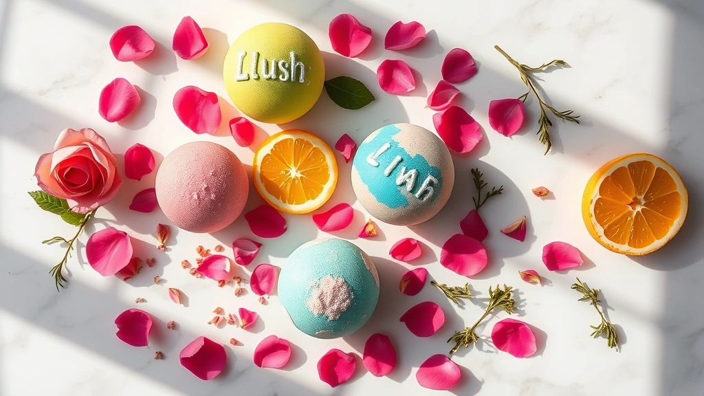 Overhead flat lay of vibrant Lush bath bombs and fresh botanical ingredients like rose petals, citrus slices, and herbs on white marble surface with natural morning light creating soft shadows