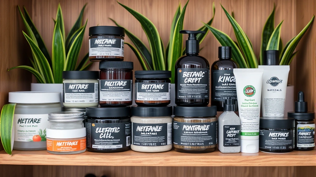 Organized skincare collection displaying various Lush product jars and containers with botanical extracts, clay masks, and natural moisturizers arranged artfully on wooden shelf with green plants in background