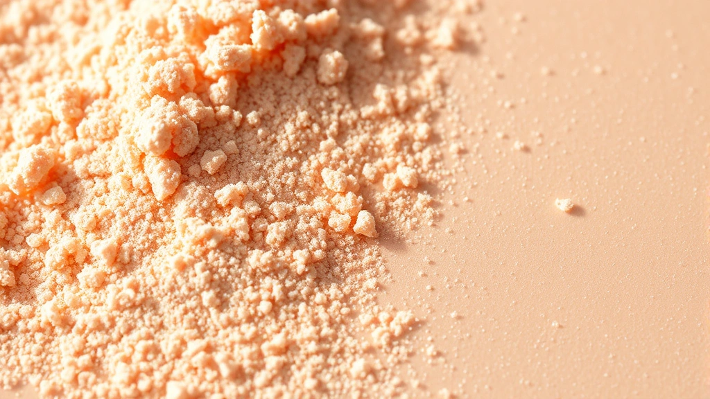 Close-up of finely milled loose shimmer powder with soft peachy-pink tone, showing delicate light-reflecting particles on smooth skin surface, natural daylight, no packaging visible