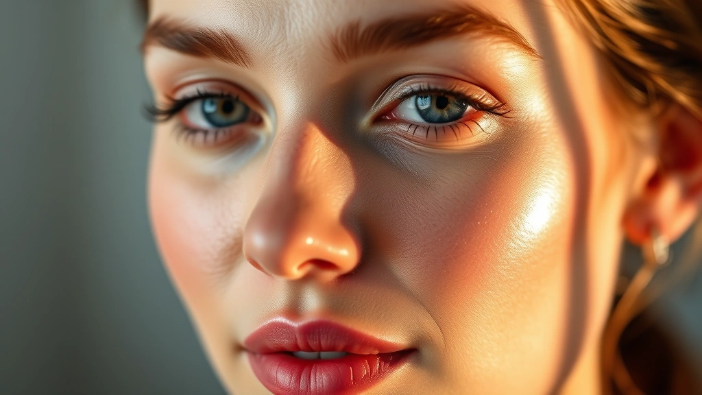 Woman's face displaying subtle, radiant glow from highlighter powder on cheekbones and brow bones, natural lighting, fresh complexion, no heavy makeup or text