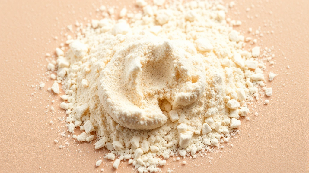 Detailed texture shot of loose powder with feather-light consistency, fine pigment particles catching diffused light, skin-tone background, professional beauty photography style