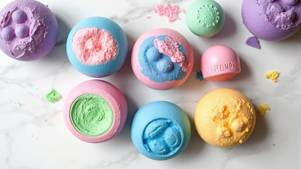 Overhead view of colorful Lush bath bombs arranged artfully on white marble surface, vibrant purples, pinks, blues, and greens, fizzy texture visible, natural lighting from above