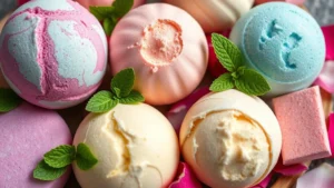 Close-up of vibrant, colorful bath bombs and solid beauty products arranged artfully with fresh botanicals like mint leaves and rose petals, showing texture and natural ingredients in soft natural lighting