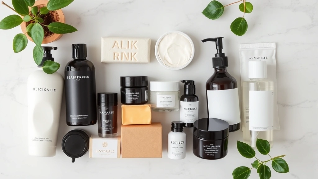 Organized cosmetic collection including solid shampoo bars, facial masks, and cleansers neatly displayed on white marble surface with green plants, minimalist skincare setup showcasing multiple product types