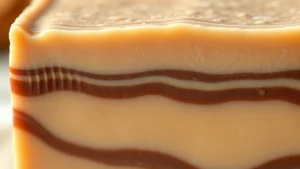 Close-up of artisanal cold-process soap bar with visible layers of cocoa butter, shea butter, and natural colorants from plant extracts, creamy texture, soft lighting, spa aesthetic