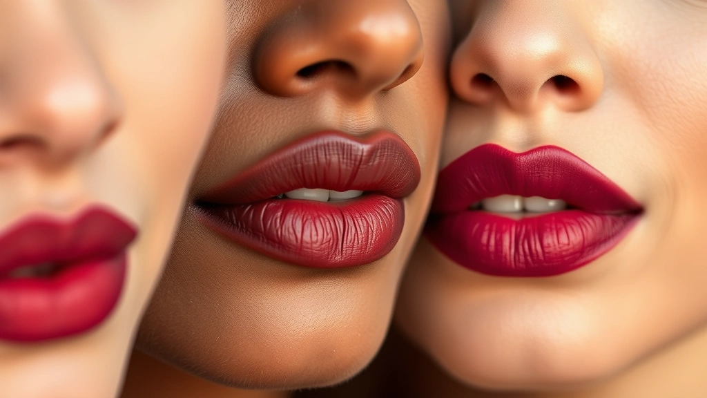 Close-up of diverse Arab women's lips wearing different warm-toned and burgundy MAC lipstick shades, showcasing rich color payoff on various deep to medium skin tones in natural daylight, professional beauty photography