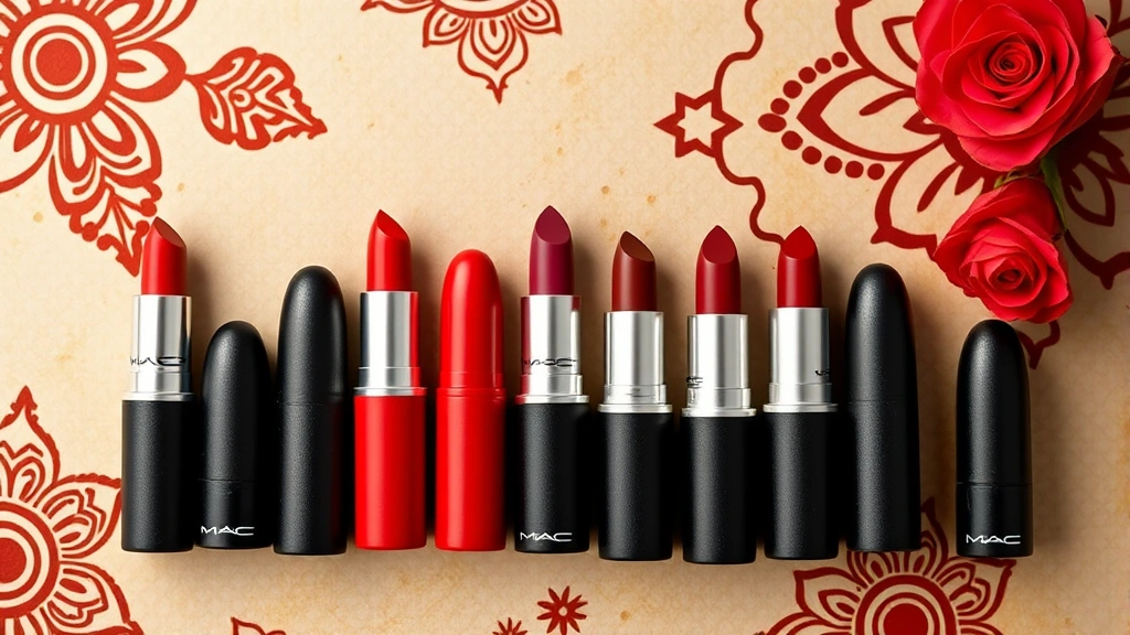 Flat lay arrangement of MAC Retro Matte and Satin lipsticks in warm reds, terracottas, and burgundy shades with Arabic cultural elements like henna-inspired patterns in background, elegant minimalist styling