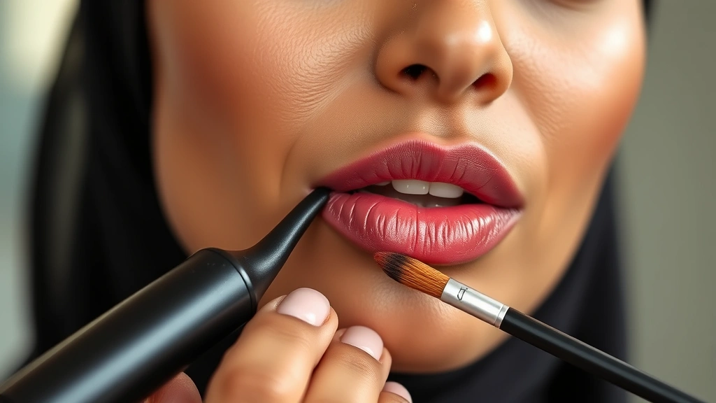Arab woman with olive-toned skin applying MAC lipstick using a precise lip brush, demonstrating professional makeup application technique with natural lighting and close-up focus on lip detail and color accuracy