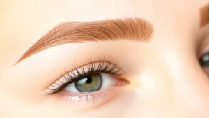 Close-up of perfectly groomed eyebrows with defined arch, warm brown color, natural lighting showing brow hair texture and definition