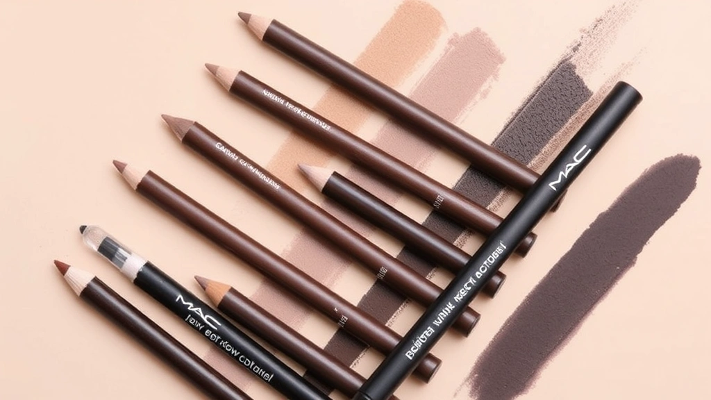 Array of MAC eyebrow pencil shades arranged on neutral background, ranging from blonde to deep brown, showing color variety and pigmentation levels