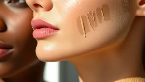 Close-up of diverse skin tones showing foundation swatches on jawline and neck, natural daylight window lighting, blended seamlessly, no text or labels visible