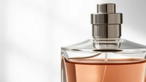 Close-up of elegant glass fragrance bottle with minimalist design, soft diffused natural lighting, neutral background, reflecting luxury cosmetics aesthetic, no product label visible