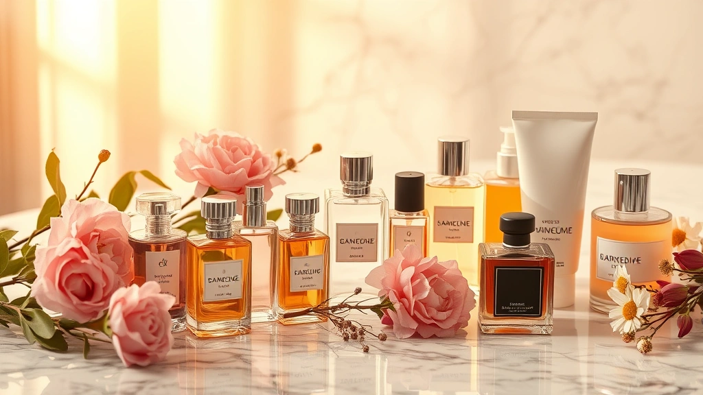 Assorted fragrance bottles arranged artistically on marble surface with fresh flowers and skincare products, warm golden hour lighting, luxury beauty composition, no text or labels visible